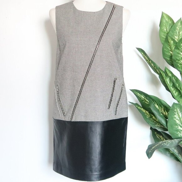 Dina Agam Anthropologie White Black Houndstooth & Lambskin Leather Sheath Dress - Picture 2 of 11